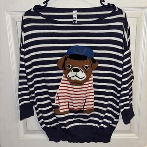 Henry Holland Jumper Breton Stripe French Bulldog UK 12 US 8 M Navy Dog Sweater